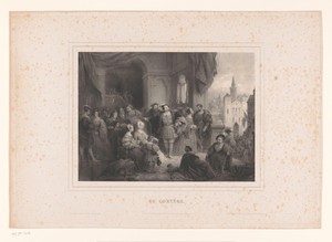 Groot gezelschap aan een hof met buiten een processie