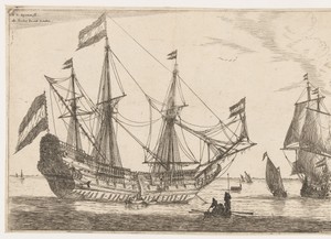 Groot zeilschip en een roeiboot