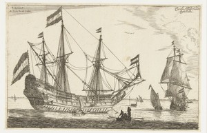 Groot zeilschip en een roeiboot