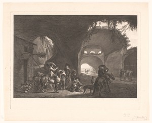 Grot met ruïne en rustende jagers