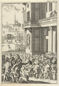 Grote volksopstand voor het paleis te Madrid