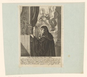H. Waldetrudis van Mons geknield voor een altaar