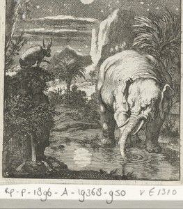 Haas en olifant met volle maan bij een waterbron