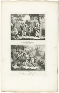 Hagar en Ismaël door Abraham verstoten en een engel wijst Hagar de waterbron