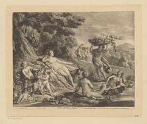 Halfnaakte figuren en bokken in een landschap