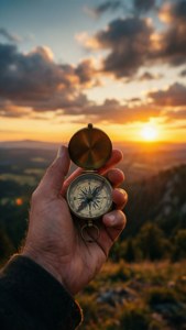 Hand Holding Compass Sunset
