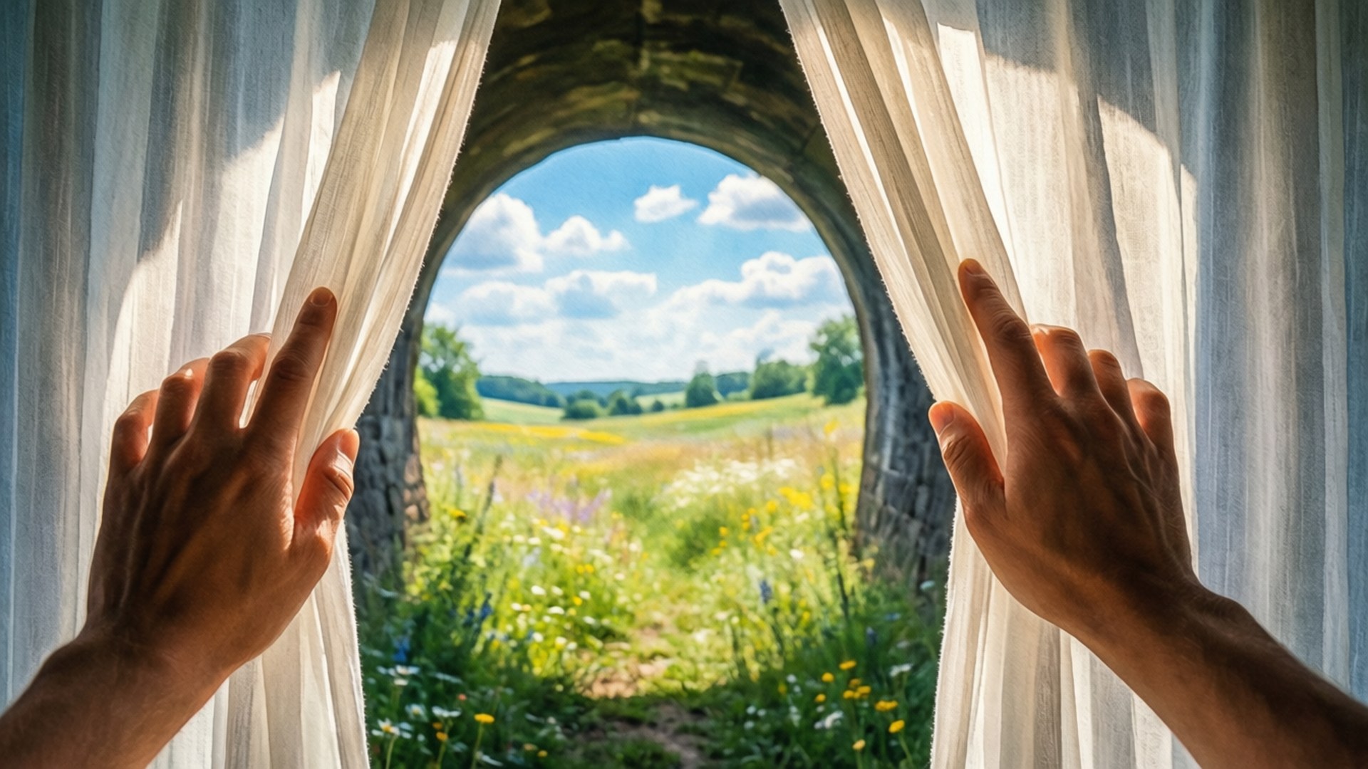 Hands Parting Curtains by Wallpapers.art Studio