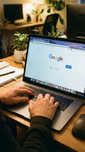 Hands Typing Google Search