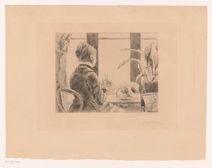 Handwerkende dame bij het raam