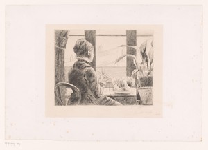 Handwerkende dame bij het raam