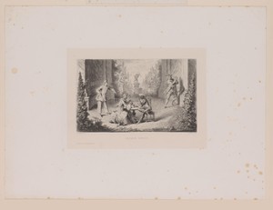 Harlekijn en een vrouw aan tafel in een monumentale tuin
