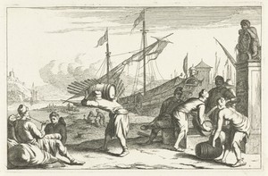 Haven met kooplieden bij fontein