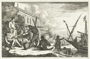 Haven met kooplieden bij vuur
