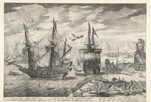 Haven met schepen, in de lucht de val van Icarus