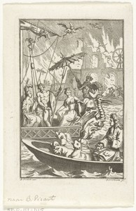 Havengezicht met bootjes en demonen voor brandend fort