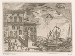 Havengezicht met een galei voor een paleis
