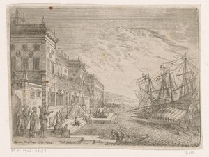 Havengezicht met schepen en een galei voor een paleis