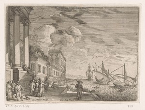 Havengezicht met zeilschepen, op de voorgrond mannen voor een loggia