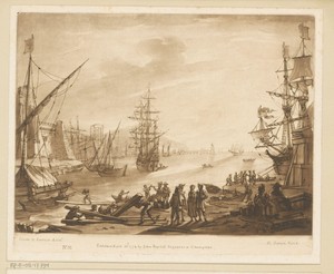 Havengezicht met zeilschepen, stadswal en tempelruïne