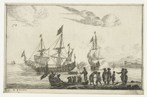 Havenscène met een spiegelsloep