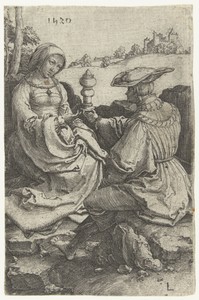 Heer en dame gezeten in een landschap