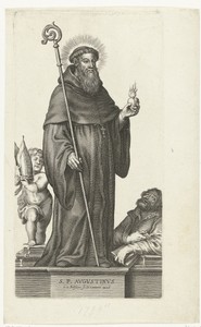 Heilige Augustinus van Hippo met brandend hart en gelovige