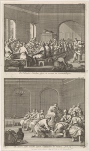 Heilige Basilius serveert een maaltijd aan de armen en Christus die de de voeten van Petrus wast