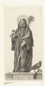 Heilige Benedictus als abt met kromstaf en gebroken kelk en raaf met brood