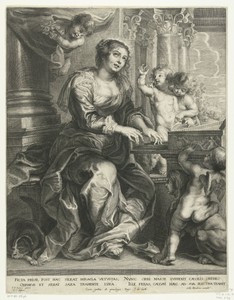Heilige Cecilia speelt op orgel en wordt omringd door engelen
