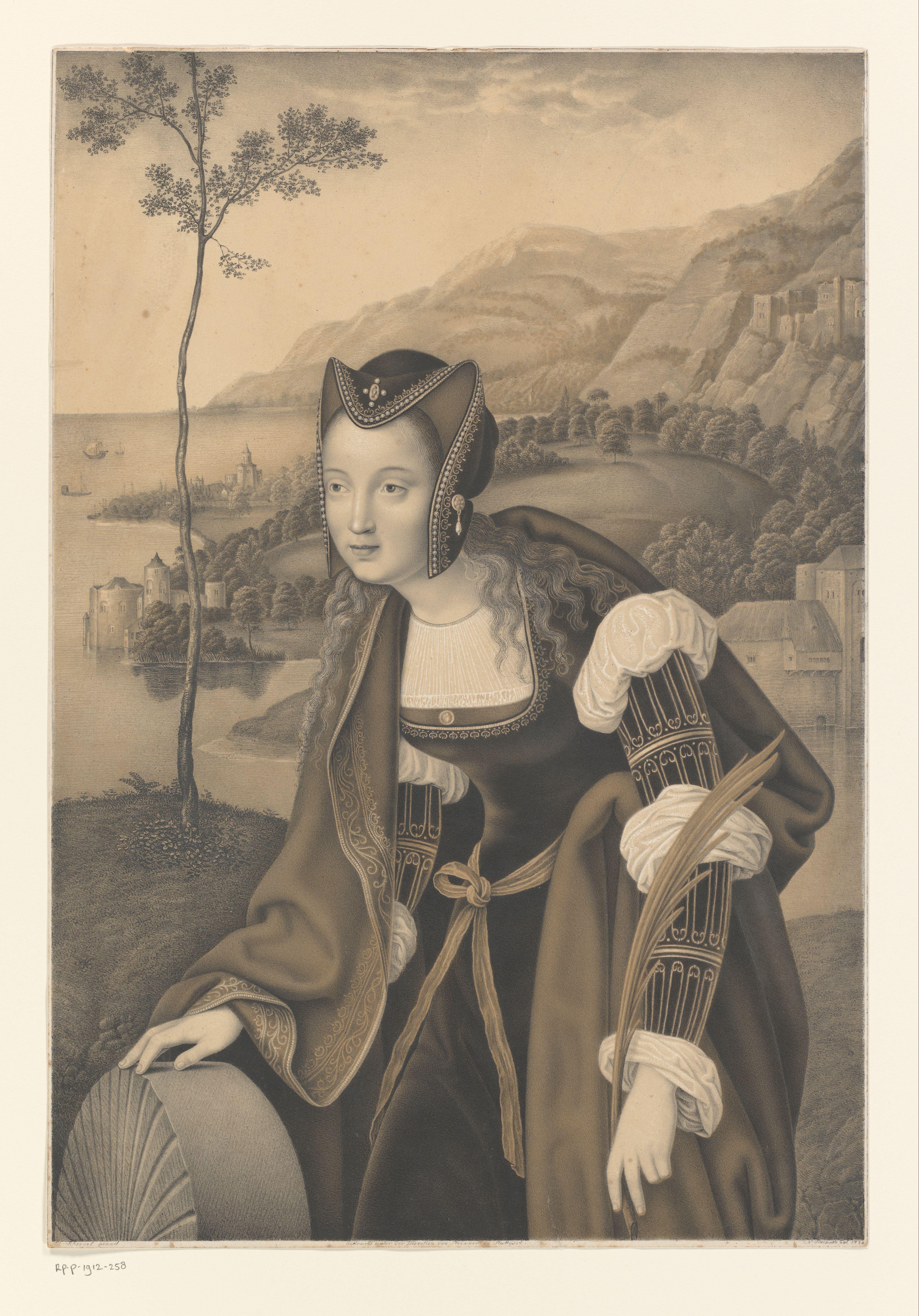 Heilige Christina met molensteen in een landschap by Johann Nepomuk Strixner