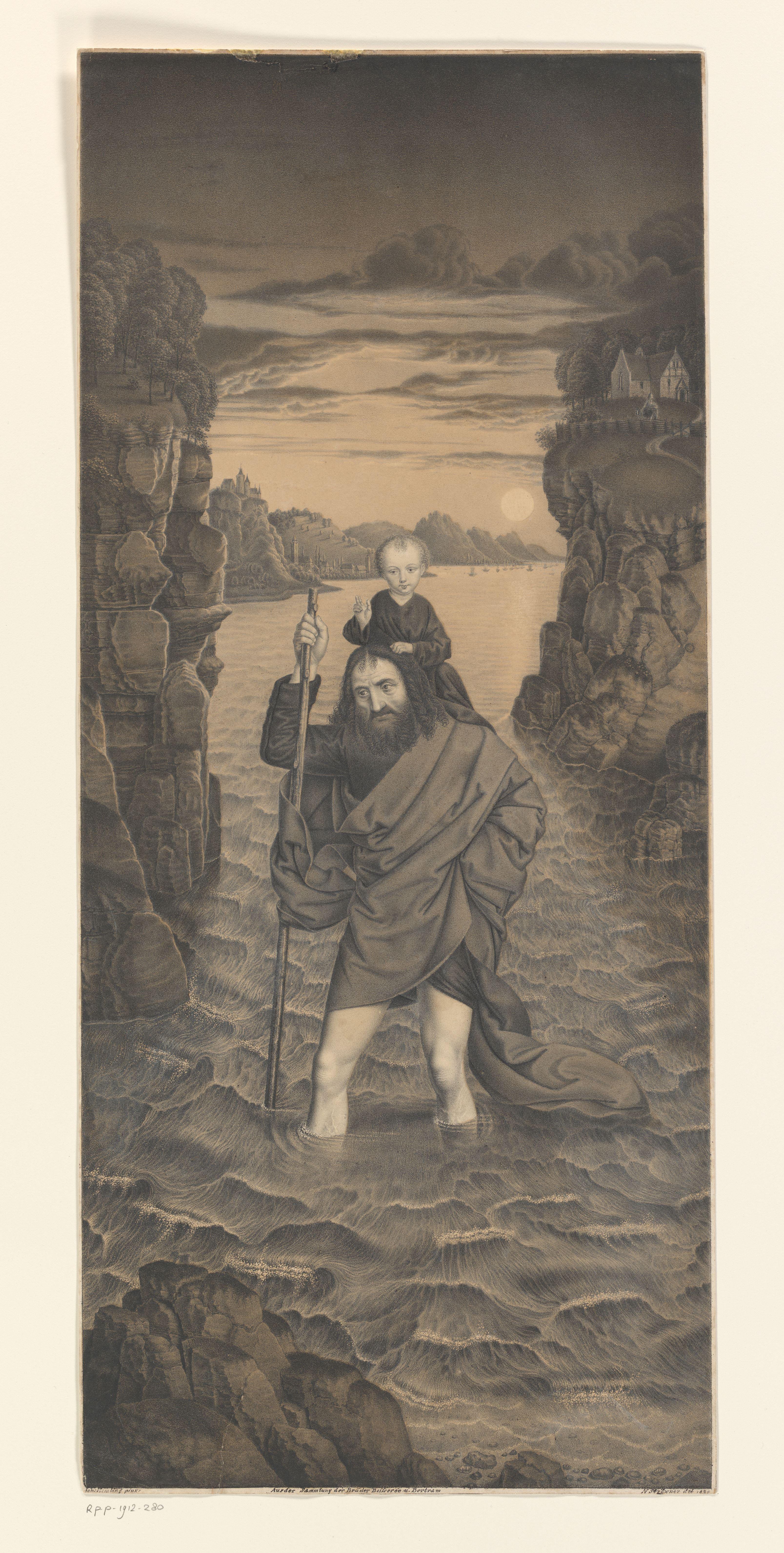 Heilige Christoffel steekt met het Christuskind op zijn schouders een rivier over by Johann Nepomuk Strixner