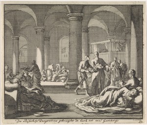 Heilige Deogratias verzorgt zieken in de kerk