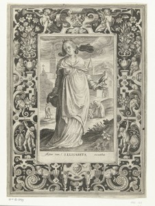 Heilige Elisabet van Hongarije met kruik en vogel in omlijsting met ornamenten