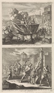 Heilige Eulampia en haar broer worden levend in olie gekookt en de marteling van de heilige Rufina van Rome