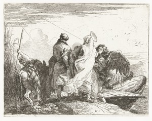 Heilige familie begeleid door engel op oever bij boot