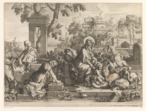 Heilige Familie bij de wasplaats met Elizabeth en Johannes de Doper