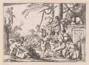 Heilige Familie en putti met fruitmand in een landschap