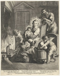 Heilige familie in interieur met twee engelen