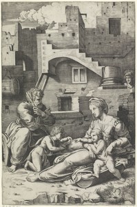 Heilige Familie met de jonge Johannes de Doper voor een vervallen gebouw