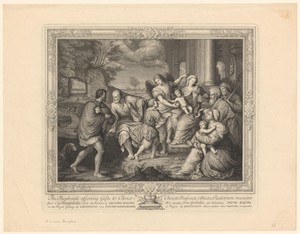 Heilige familie met herder en heiligen