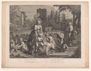 Heilige Familie met Johannes de Doper, een lam, andere kinderen en putti