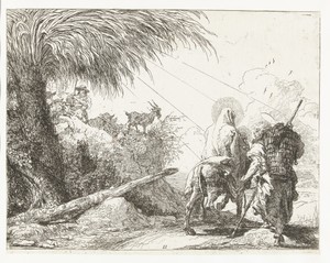 Heilige familie passeren herder met kudde schapen en palmboom tijdens vlucht naar Egypte