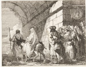 Heilige familie vertrekt door een stadspoort