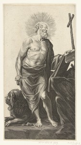 Heilige Hieronymus met pen en papier en kruis en leeuw