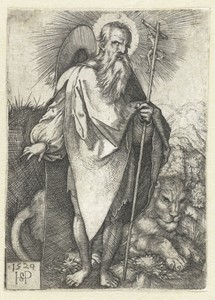 Heilige Hieronymus staand met crucifix en leeuw
