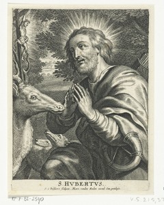 Heilige Hubertus knielt voor hert met crucifix