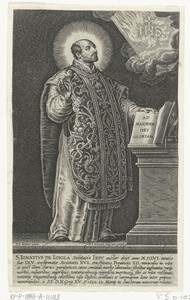 Heilige Ignatius de Loyola aanbidt IHS monogram