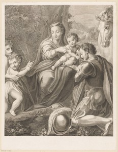 Heilige Joris geknield voor Madonna met kind en Johannes de Doper