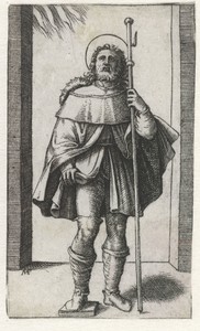 Heilige Rochus als pelgrim met pelgrimsstaf toont pestbult op been