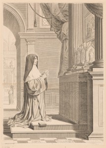 Heilige Scholastica biddend voor een reliekschrijn